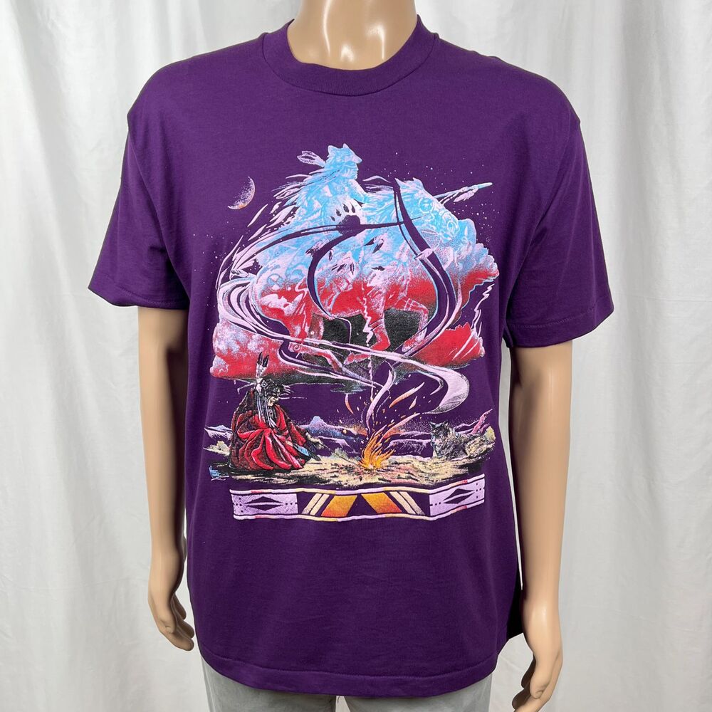 Vintage 90s Men's XL Purple Native American Warrior Spirit Fire Graphic T-Shirt